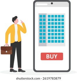 Real estate concept with people scene in flat cartoon design. Man thinks about received offer with discount price for purchase of new house or apartment. vector Illustration.

