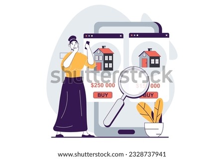 Real estate concept with people scene in flat design for web. Woman searching houses and selecting with bargain price at webpage. Vector illustration for social media banner, marketing material.