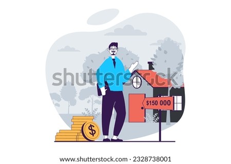 Real estate concept with people scene in flat design for web. Man realtor showing house with bargain price with banking insurance. Vector illustration for social media banner, marketing material.