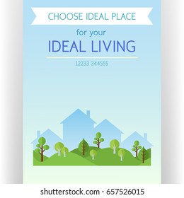 Real estate concept poster template. Abstract idyllic landscape with houses silhouettes and green park. Flat design style. Banners and space for custom text. Vector illustration.