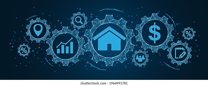 real estate concept, property value with icons of location, contract, and price diagram Cogs and gear wheel mechanisms concept. wireframe low polygonal blue mesh with dots, lines, and shapes.