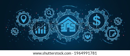 real estate concept, property value with icons of location, contract, and price diagram Cogs and gear wheel mechanisms concept. wireframe low polygonal blue mesh with dots, lines, and shapes.