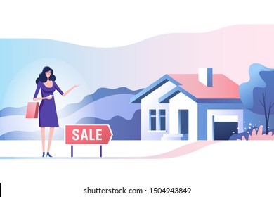 Real estate concept. Realtor and house for sale. Bying and selling property. Vector illustration.