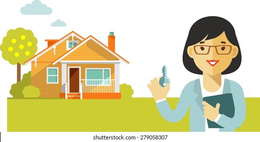 Real estate concept realtor woman with key on house background in flat style