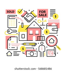 Real estate concept. Realty purchase, sale and moving collage. Modern thin line art icons background. Linear style illustrations isolated on white.