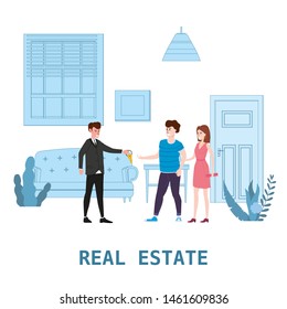 Real estate concept. Sale or rent new home service. Modern family characters to buy new house or big appartment. Interior new housing. Realtor gives keys to family from new home. Broker services