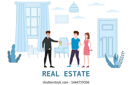 Real estate concept. Sale or rent new home service. Modern family characters to buy new house or big appartment. Interior new housing. Realtor gives keys to family from new home. Broker services