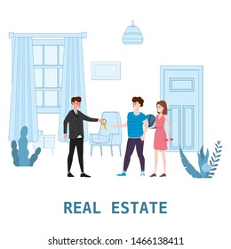 Real estate concept. Sale or rent new home service. Modern family characters to buy new house or big appartment. Interior new housing. Realtor gives keys to family from new home. Broker services