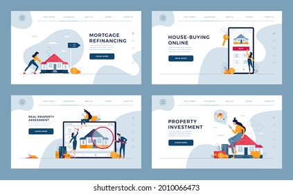 Real estate concept set for landing, homepage. Property investment, appraisal, house-buying, mortgage refinancing. Real estate collection of web page templates for web design. Flat vector illustration