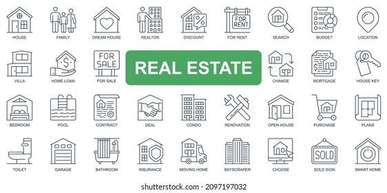 Real estate concept simple line icons set. Pack outline pictograms of dream house, rent, sale, loan, mortgage, renovation, insurance, deal and other. Vector symbols for website and mobile app design