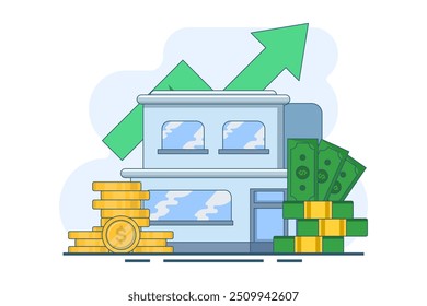 Concepto inmobiliario y pila de monedas. ahorro de dinero para una casa, concepto de financiación de la propiedad, inversión de dinero. Inversión en construcción. Concepto hipotecario para la construcción. Ilustración vectorial de Web.