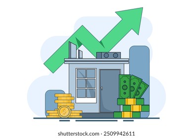 Conceito imobiliário e pilha de moedas. economia de dinheiro para uma casa, conceito de financiamento de propriedade, investimento de dinheiro. Investimento na construção. Conceito de hipoteca para construção. Ilustração de vetor da Web.