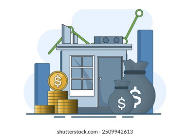 Real estate concept and stack of coins. saving money for a house, property financing concept, investing money. Investment in construction. Construction concept. Web Vector Illustration.