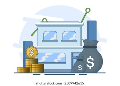 Real estate concept and stack of coins. saving money for a house, property financing concept, investing money. Investment in construction. Construction concept. Web Vector Illustration.