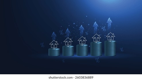 Real estate concept. Stack of coins and house icon, up arrow on dark background. Real estate investment ideas, home interest rates housing sales. real estate market.	