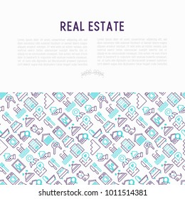 Real estate concept with thin line icons: apartment house, bedroom, keys, elevator, swimming pool, bathroom, facilities. Modern vector illustration for web page, print media.