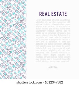 Real estate concept with thin line icons: apartment house, bedroom, keys, elevator, swimming pool, bathroom, facilities. Modern vector illustration for web page, print media.