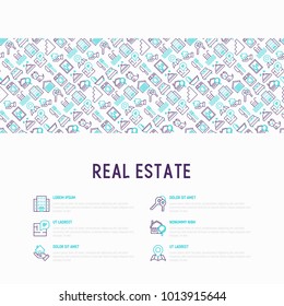 Real estate concept with thin line icons: apartment house, bedroom, keys, elevator, swimming pool, bathroom, facilities. Modern vector illustration for web page, print media.