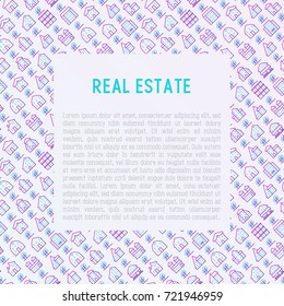 Real estate concept with thin line houses and trees. Modern vector illustration for background of banner, web page, print media with place for text.