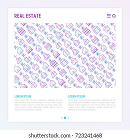 Real estate concept with thin line houses and trees. Modern vector illustration for background of banner, web page, print media with place for text.