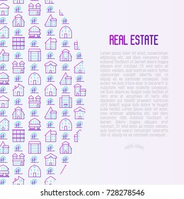 Real estate concept with thin line houses and trees. Modern vector illustration for background of banner, web page, print media.