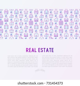 Real estate concept with thin line houses and trees. Modern vector illustration for background of banner, web page, print media.