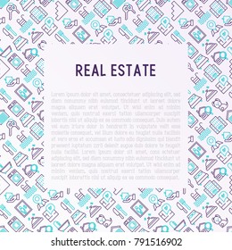Real estate concept with thin line icons: apartment house, bedroom, keys, elevator, swimming pool, bathroom, facilities. Modern vector illustration for web page, print media.