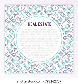 Real estate concept with thin line icons: apartment house, bedroom, keys, elevator, swimming pool, bathroom, facilities. Modern vector illustration for web page, print media.