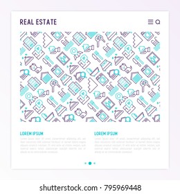 Real estate concept with thin line icons: apartment house, bedroom, keys, elevator, swimming pool, bathroom, facilities. Modern vector illustration for web page, print media.