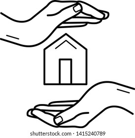 Real estate concept: two hands and a private house icon in outline style