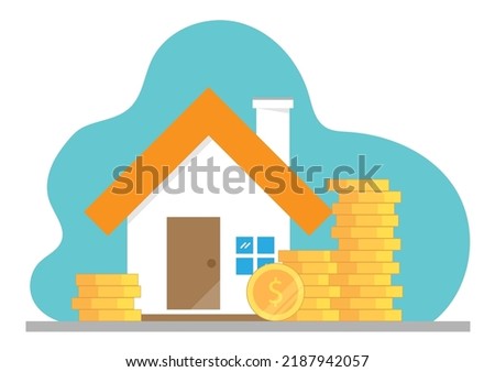 Real estate concept. Vector illustration flat design. House and stack of coins. Isolated on white background. Save money for home, loan, mortgage and investment property.