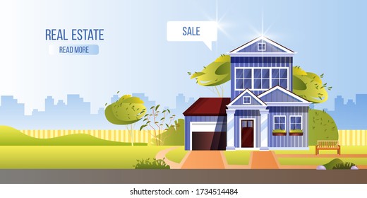 Real estate concept with vintage house, cityscape, backyard, green trees, bench. Rent property background in flat style. Building exterior illustration with home for sale.