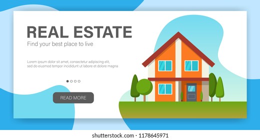 Real Estate concept. Web page design template. Modern cottage house. Flat Style American or Sweden Townhouse. Vector illustration