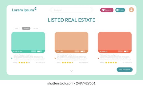 Real Estate concept web page design in modern color and shapes, editable vector. Rent and Sale landing page website eps.