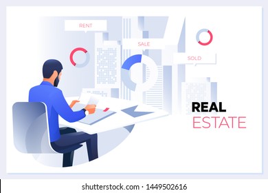 Real Estate Concept.Real estate agent or broker concept. Big house sale offering. Flat vector illustration