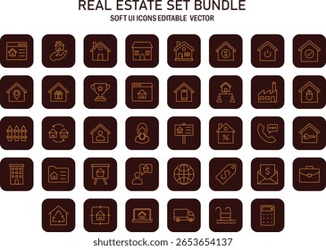 Real Estate Conceptual Outline Icon Set for Investment and Property Management Services, Business and Homeownership