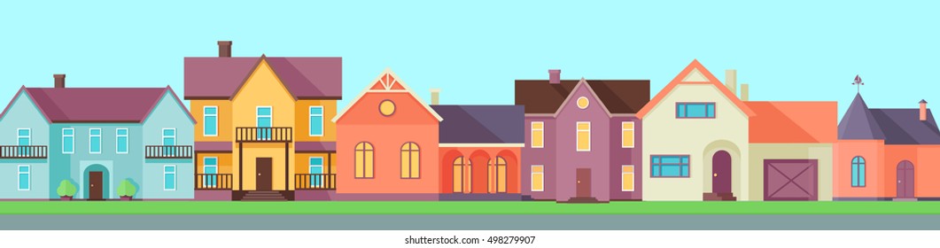 Real estate conceptual vector in flat design. Line of color cottage houses. Suburbs. Buying a new place for living. Illustration for real estate company advertising, housing concepts.