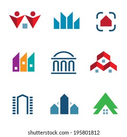 Real estate construction building in city community center icon logo elements