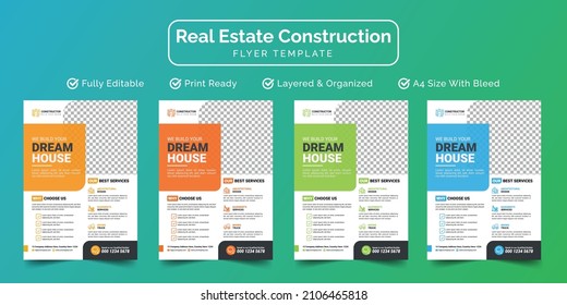 Real Estate Construction Business Industry Flyer Template Design | Renovation, Home, Property, Building, Tools | A4 Size Print Ready Pamphlets, Leaflets, Poster Layout Design