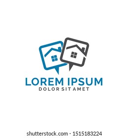 Real estate and construction company logo template with two house and chat box symbol in flat design monogram illustration