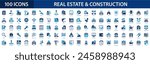 Real estate and Construction flat icons set. Rent, crane, building, agent, architecture, house, worker, land, auction, realtor, property icons and more signs. Flat big icon collection.