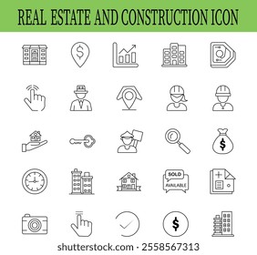 a real estate and construction icon set vector illustration and modern vector icon set representing real estate and construction themes, featuring houses, buildings, tools, blueprints, and urban elem