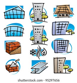 Real estate and construction icons set - hand drawn traced and colored vectors.