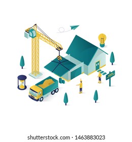 real estate construction isometric illustration, under construction vector with people working