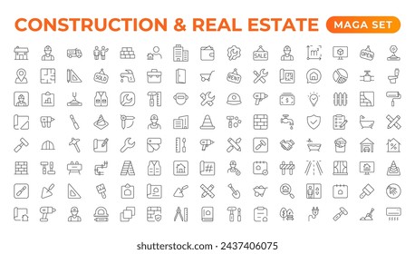 Real Estate and Construction line icons set. Real Estate outline icons collection. Purchase and sale of housing, builder, crane, rental of premises, insurance, realty, measure, tool. Thin line icon.