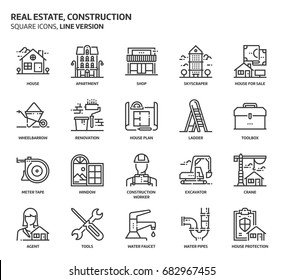 Real Estate And Construction Related, Pixel Perfect, Editable Stroke, Up Scalable Vector Icon Set. 