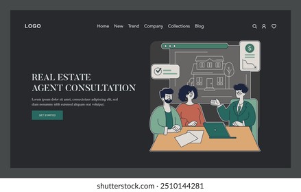 Real estate consultation concept. A couple receives advice from an agent regarding property investment. Digital interface for home valuation. Vector illustration.