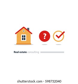 Real estate consulting services, decision concept, household solution, choose house, find home, question icon, vector flat illustration