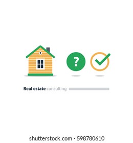 Real estate consulting services, decision concept, household solution, choose house, find home, question icon, vector flat illustration