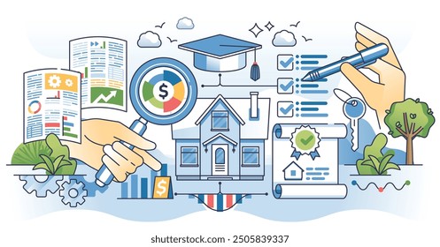 Real estate continuing education and lifelong learning outline hands concept. Study market tendencies in housing market vector illustration. House purchase agent lifelong study about actual trends.